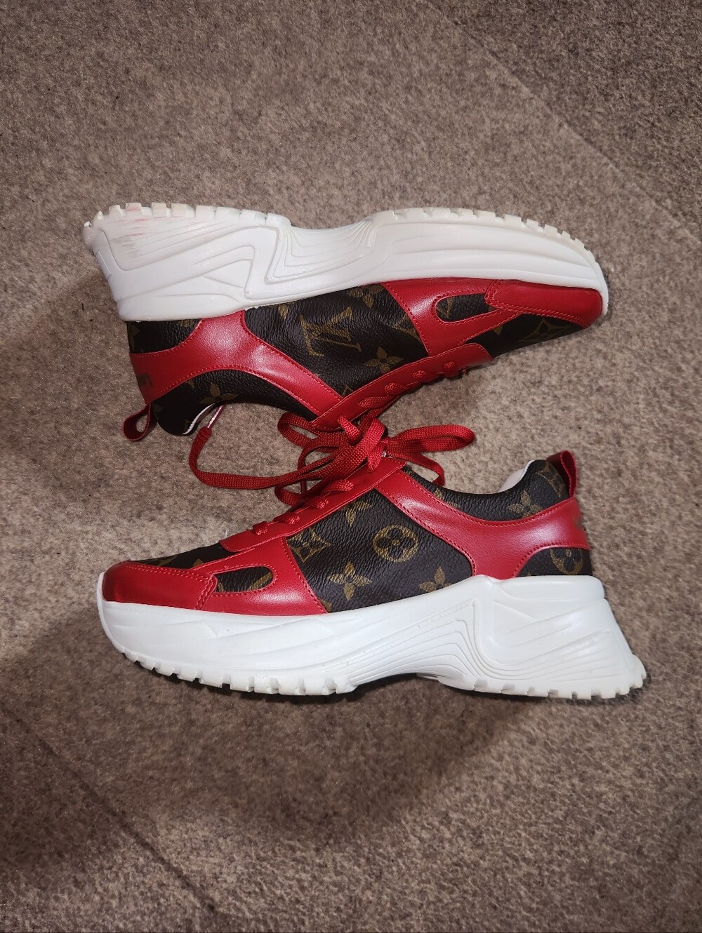 Womens Red Brown Monogram Chunky Sneakers | Size 36